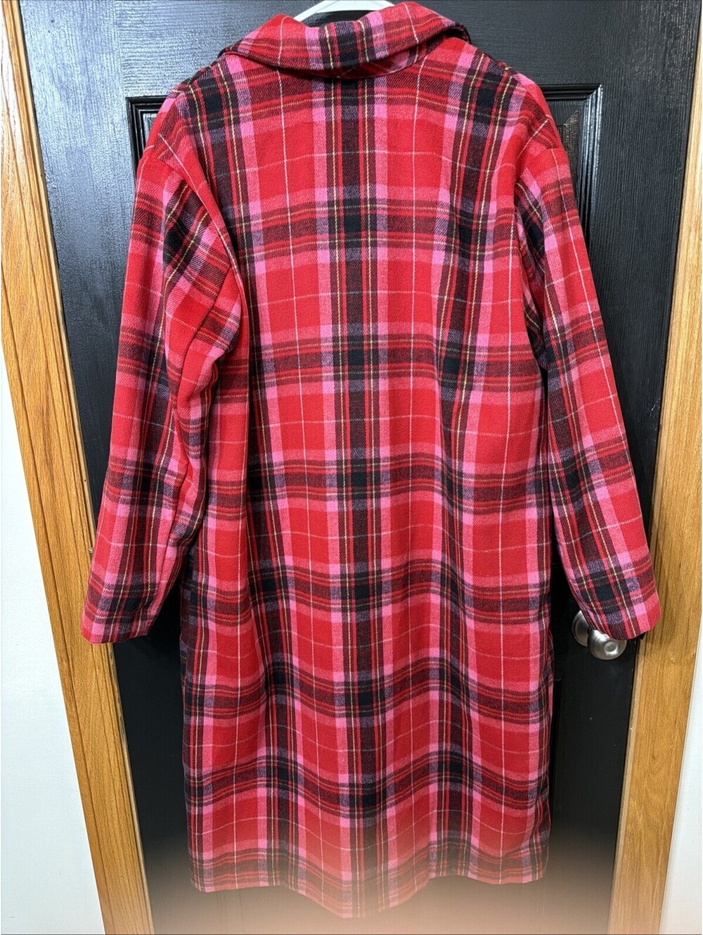 Old Navy Women Long Coat Red Tartan Plaid Sz L Oversized Soft Pockets - Picture 7 of 7